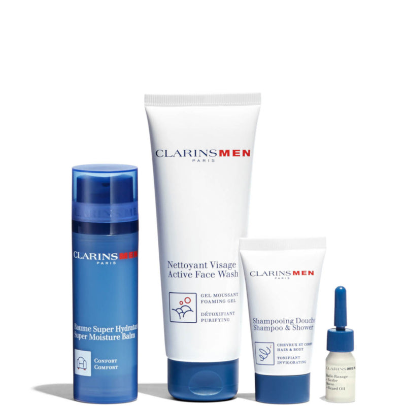 Baume Super Hydratant - Clarins Men Cofanetto 50 MLBalsamo Viso + 30 ML Shampoo e Gel Doccia + 125 ML Detergente Viso + 3 ML Olio Barba