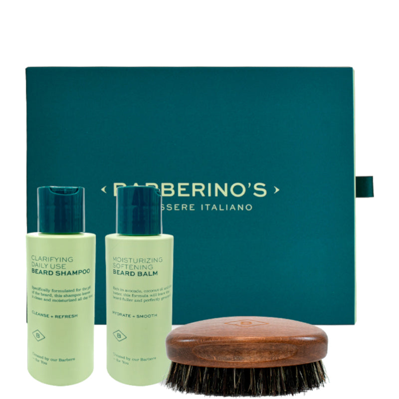 Barberino's - Beard Grooming Set - Cura della Barba Set 100 ML Shampoo Barba + 100 ML Balsamo Barba Multifunzione + Spazzola da Barba