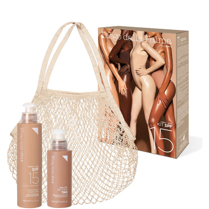 KIT CORPO SPF15 150 ML Fluido protettivo SPF 15 + 100 ML Balsamo Lenitivo Doposole + Mesh Summer Bag