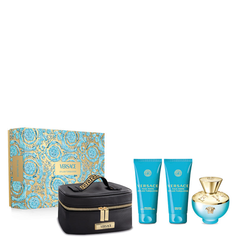 Versace Pour Femme Dylan Turquoise Confezione 100 ML Eau de Toilette + 100 ML Shower Gel + 100 ML Body Gel + Versace Beauty