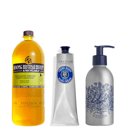 Karitè - Collection Soins des Mains 500 ML Ricarica Sapone Liquido Mani + 75 ML Crema Mani + Flacone Vuoto in Alluminio