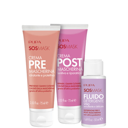 KIT SOS MASK 75 MLCrema Pre Mascherina + 75 ML Crema Post Mascherina + 50 ML Detergente Fluido