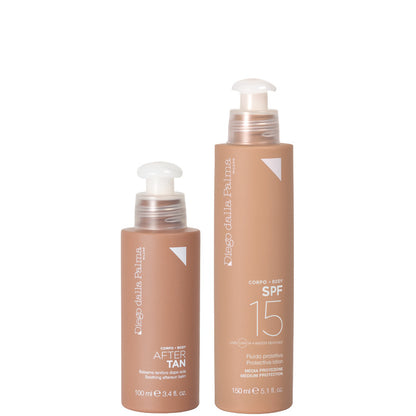 KIT CORPO SPF15 150 ML Fluido protettivo SPF 15 + 100 ML Balsamo Lenitivo Doposole + Mesh Summer Bag