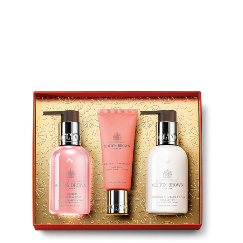 Delicious Rhubarb & Rose Hand Cream Gift Set 100 ML Sapone Liquido mani + 100 ML Latte Mani + 40 ML Crema Mani